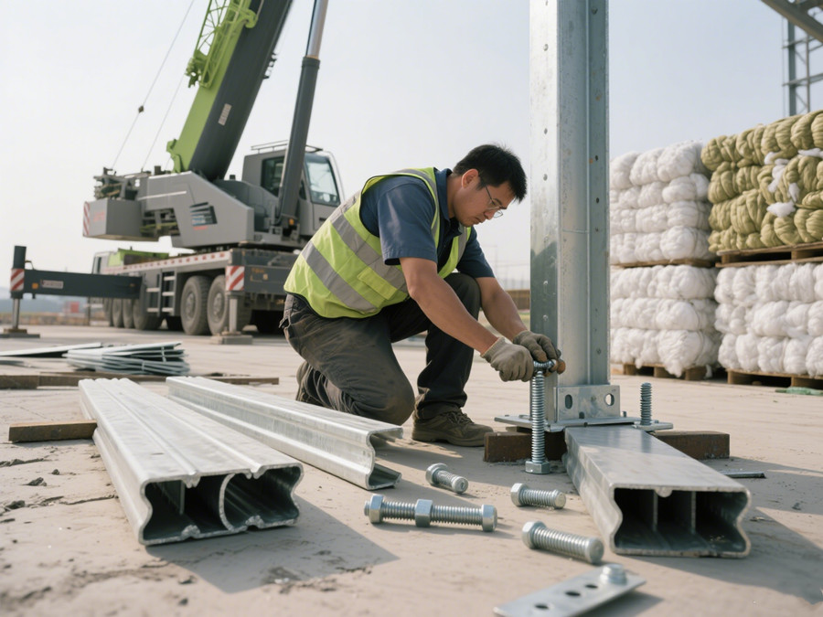 工作人員正在施工搭建輕鋼別墅